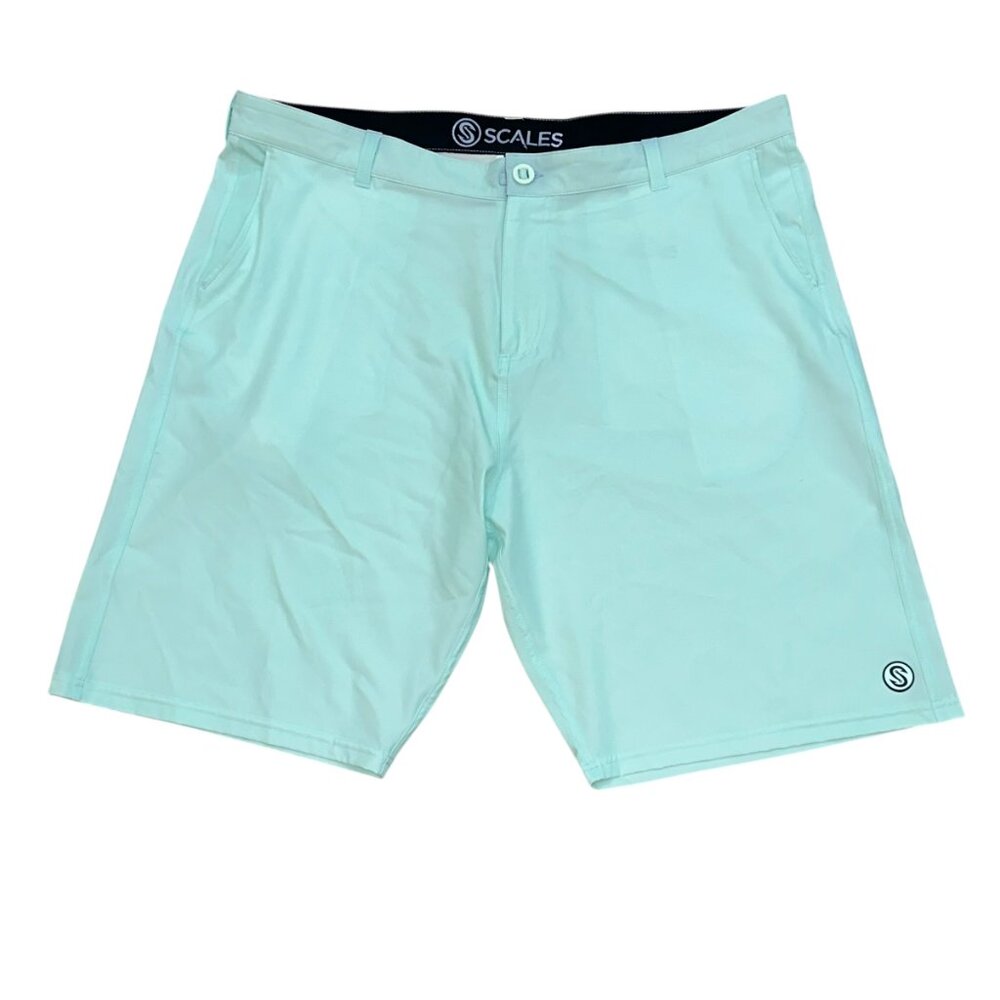 Men's Scales Fishing Hybrid Board Shorts Teal Blue Size 40 Swimming Bathing Suit